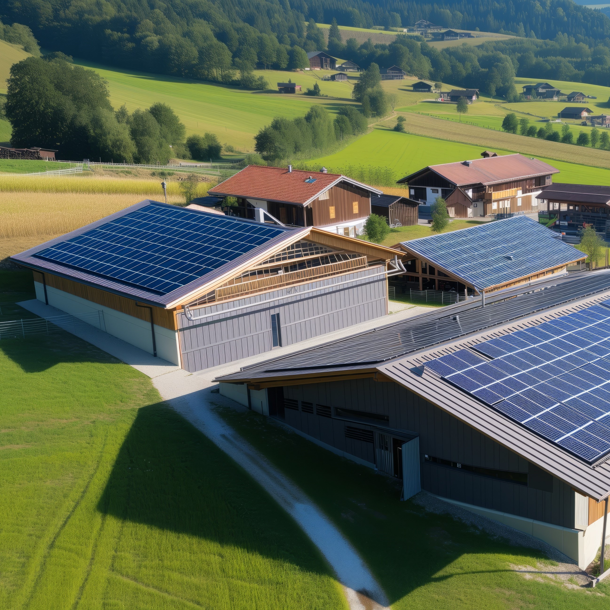 Photovoltaikanlagen auf den Dächern eines Bauernhofes.