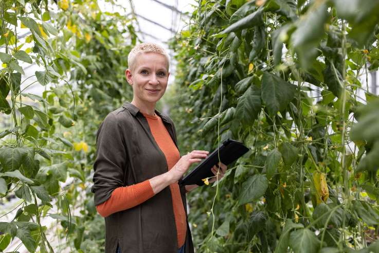 Eine Frau steht in einem Gewächshaus und ist umringt von rankenden Pflanzen. Sie hält ein Tablet in der Hand, worauf sie etwas tippt und lächelt dabei in die Kamera.